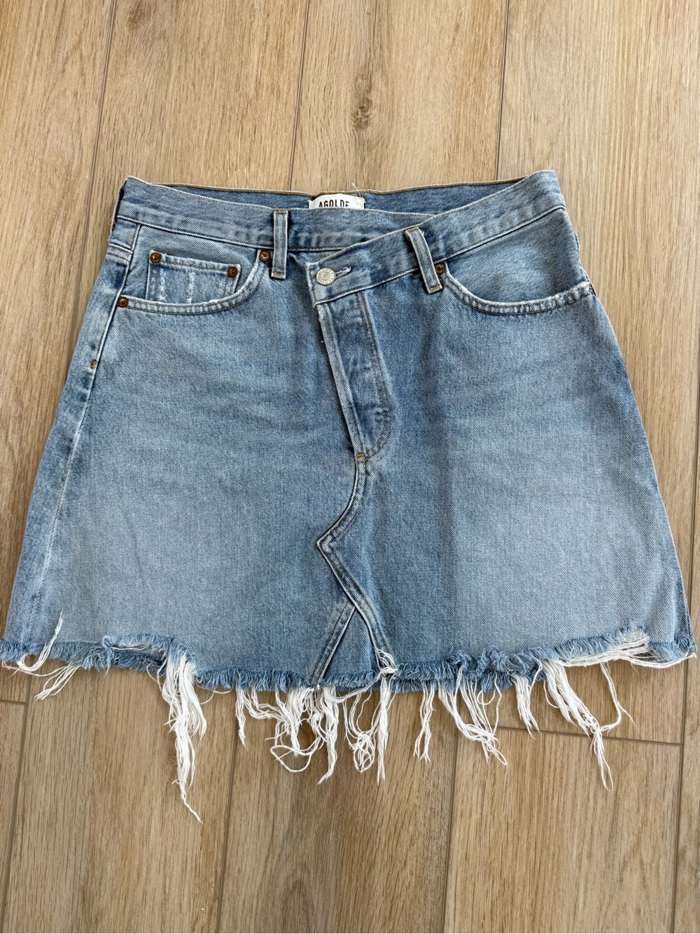 Agolde Light Blue Frayed Hem Denim Mini Skirt